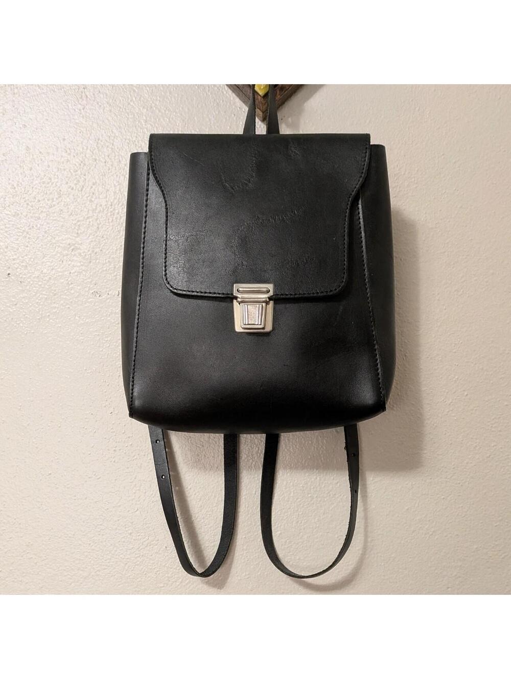 Brandy Melville Black Leather Mini Backpack With Silver Push Lock Flap